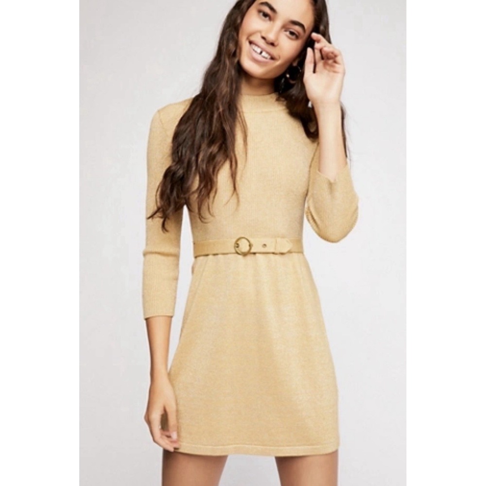 Free People Gold Frenchâ Girl Sweater Mini Dress With Belt Mockneck Small $108